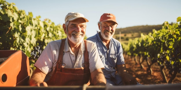 Agricultores de meia-idade colhem uvas na fazenda