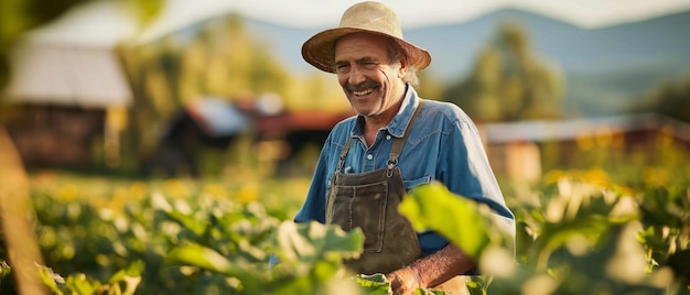 agricultores dedicados em macacões trabalhando nos campos sorrindo em seus rostos