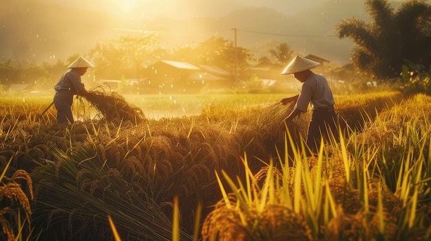 Los agricultores están cosechando arroz en el sol caliente