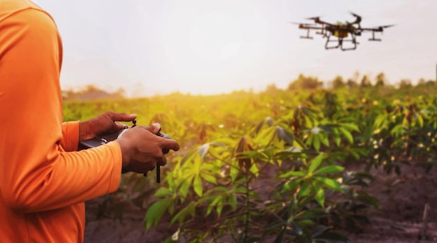 Foto agricultores estão usando remédio para pulverização de drones voadores na agricultura