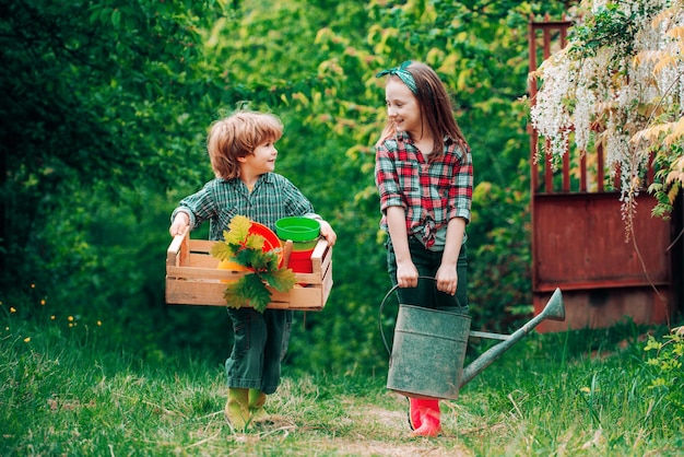 Agricultores Happy Kids seguram caixa e regador Crianças pequenas trabalham no quintal com ferramentas de jardim e têm gosma