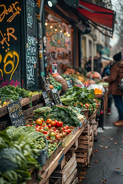 Agricultores herbívoros vendendo vegetais orgânicos em um mercado tradicional e cultural vegetariano Foto