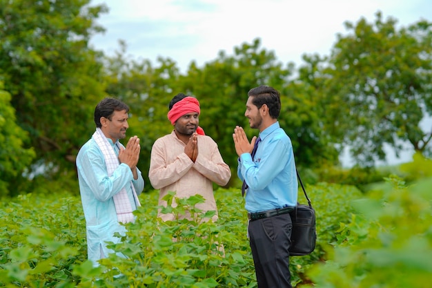 Agricultores indianos e agrônomo dando namaste ou gesto de boas-vindas no campo da agricultura.