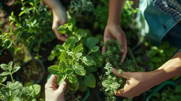 Los agricultores muestran las hierbas cosechadas de la granja sostenible