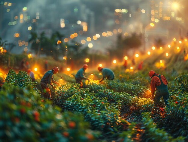 Los agricultores que cuidan de los cultivos en un campo fértil con la suave salida del sol el suave borrón de los trabajadores y la tierra