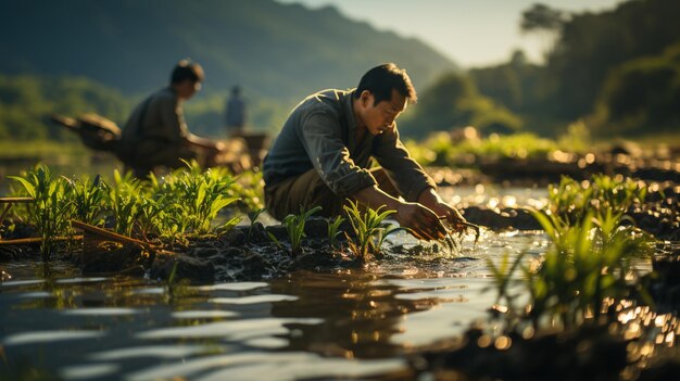 Agricultores que trabajan en una plantación de arroz