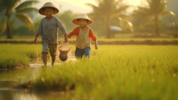 Los agricultores tailandeses fertilizan los campos de arroz por la mañana