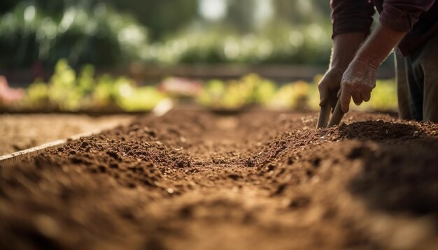 Agricultores trabajan duro plantando plántulas en tierra generada por inteligencia artificial