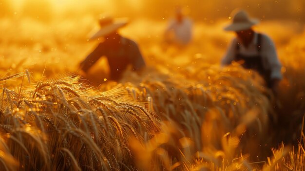 Agricultores trabajando en un campo de trigo con herramientas tradicionales y sombreros de sol en medio de los tallos dorados listos para la cosecha IA generativa