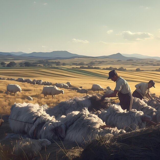 Foto agricultores en el trabajo escena pastoral con ovejas y montañas