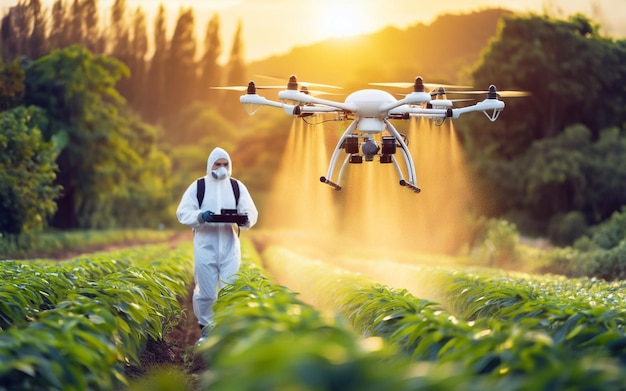 Agricultores usam drones para administrar remédios às culturas de suas fazendas Drones pulverizando água em fazendas de vegetais