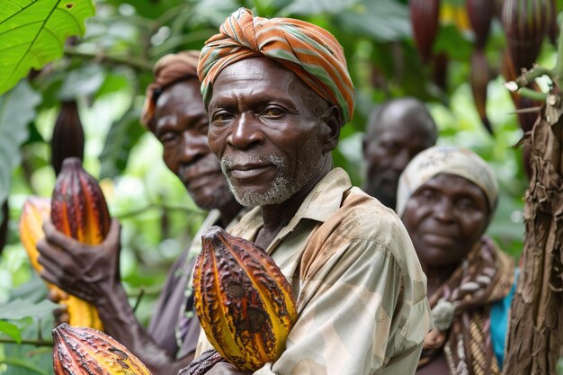 Foto agricultores con vainas de cacao maduras en una exuberante plantación verde