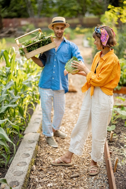 Agricultores con verduras recién recogidas en el jardín.