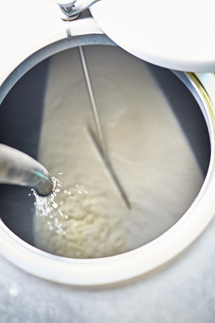 Foto agricultura alimentar e leite em recipientes para produção de queijo de processamento ou pasteurização em fábrica nutrição de saúde e creme em tanques para fabricação de produtos lácteos e pequenas empresas sustentáveis