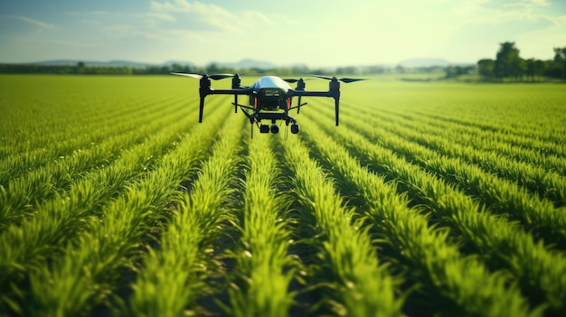 Agricultura de arriba Testigo de las técnicas agrícolas modernas en acción con un quadcopter equipado con una cámara de alta resolución volando por encima de un campo de maíz verde y exuberante