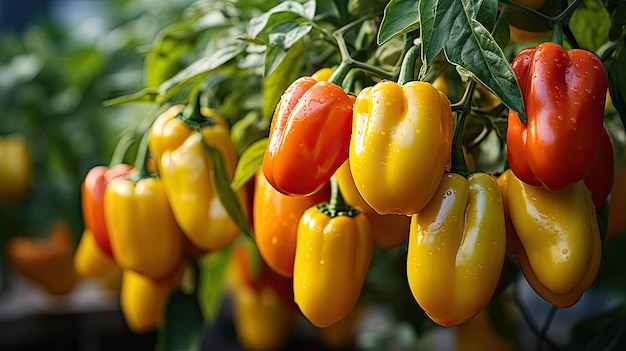 Agricultura biológica de cultivo de pimentas vermelhas e amarelas