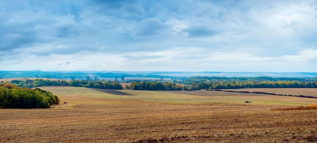Foto agricultura campo arado en un día de otoño un campo arado con franjas de bosque de árboles de otoño y un cielo azul