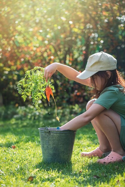 agricultura cosecha jardín linda adolescente lavando zanahorias en un balde con agua día hermosas gotas de agua ligeras