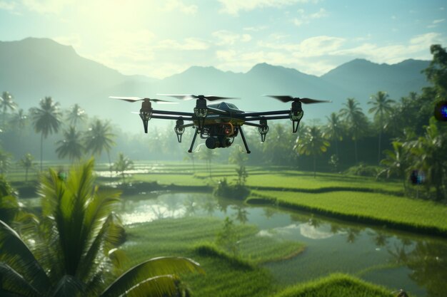 Agricultura Drone voando sobre campos de arroz para pulverizar fertilizante para o crescimento das culturas e eficiência agrícola