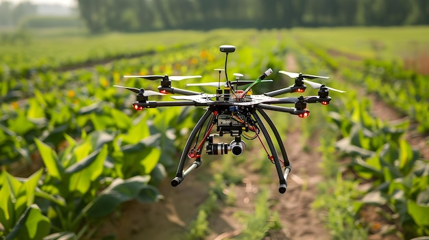 Foto agricultura drone volando sobre el campo de plantas para mostrar la integración de la tecnología avanzada en la agricultura moderna destacando el uso de