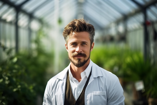 Agricultura e conceito de ciência Jovem cientista homem fazendeiro de casaco branco de pé na estufa e olhando para a câmera