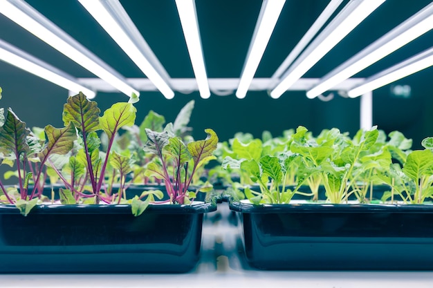 Agricultura ecológica de plantas de alimentos para interiores con tecnología de iluminación LED que crece en el edificio