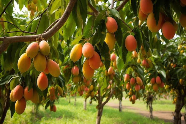 Agricultura em um jardim de mangas com árvores frutíferas tropicais