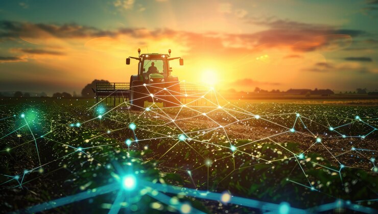La agricultura en la era digital La tecnología avanzada de los tractores mejora la precisión y la eficiencia en una granja inteligente futurista de IA generativa