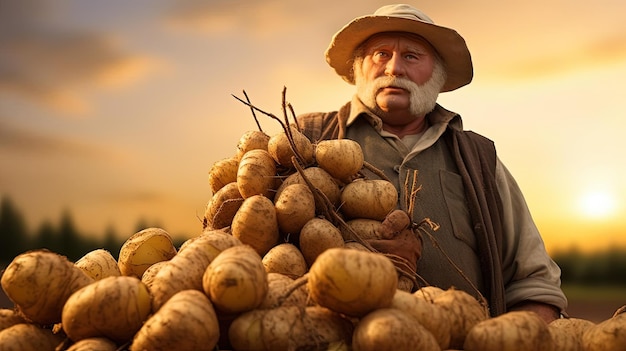 agricultura homem no campo segurando batatas luz dourada realismo focado suave