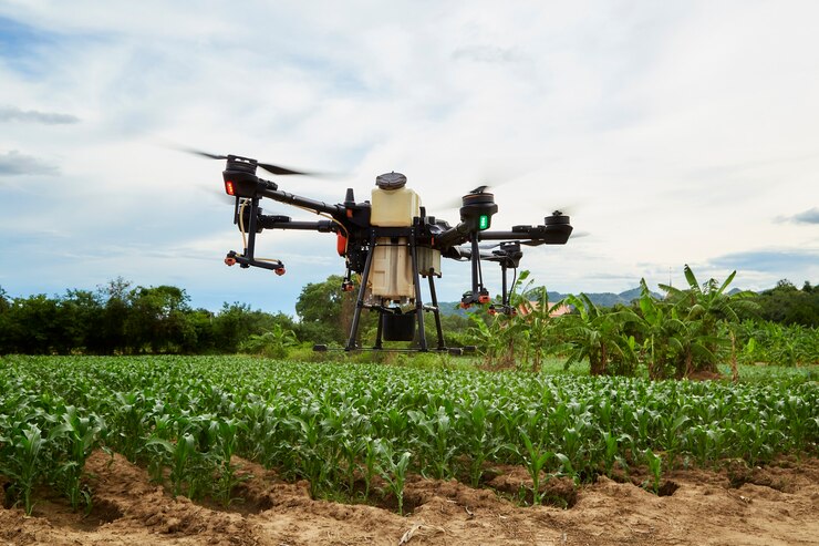 Foto agricultura inteligente drones agrícolas voam para pulverizar em campos de milho, fazendeiros pulverizam inseticidas com drones agrícolas