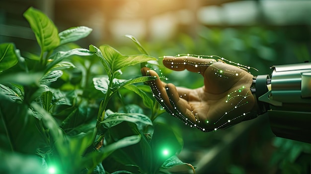 Foto agricultura inteligente indústria futurista 40 conceito de tecnologia cyborg mão colocada para tocar mão com folhas verdes com tecnologia hud incluindo inteligência artificial 5g para análise de dados de fazenda inteligente