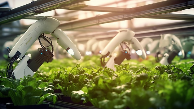 Agricultura inteligente tecnología agrícola brazo robótico cosechando lechuga hidropónica en un invernadero que brilla en la noche Una fotografía profesional debe usar una IA generativa de alta calidad