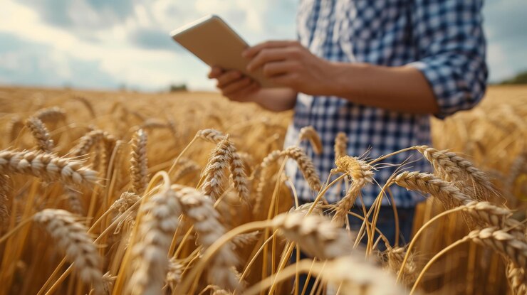 Agricultura inteligente utilizando tecnologías modernas en la agricultura Hombre agrónomo agricultor con tableta digital en el campo de trigo utilizando aplicaciones e internet