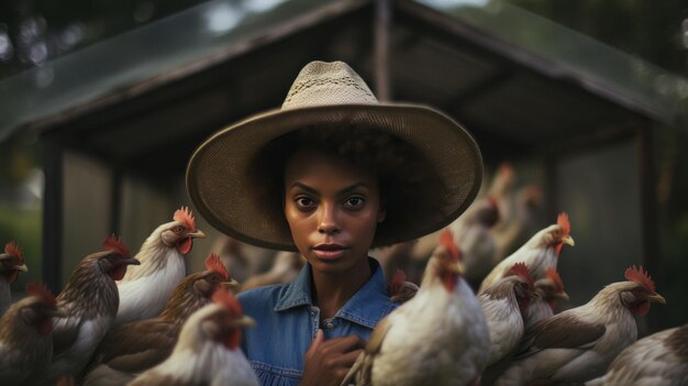 agricultura y mujer negra con pollo en la granja