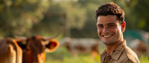 Foto agricultura retrato de vaca e homem em uma fazenda para produção sustentável ou crescimento de indústria pensante agro tablet ou agricultor em campo rural usando tecnologia para animais leiteiros ou natureza