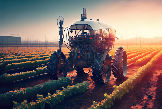 Agricultura robótica colheita de produtos agrícolas em campos de colheita Tecnologia futurística inovadora e conceito de agricultura inteligente 5G IA geradora