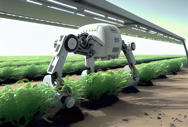 Agricultura robótica colhendo produtos agrícolas em estufa Tecnologia futurista inovadora e conceito de agricultura inteligente 5G IA generativa