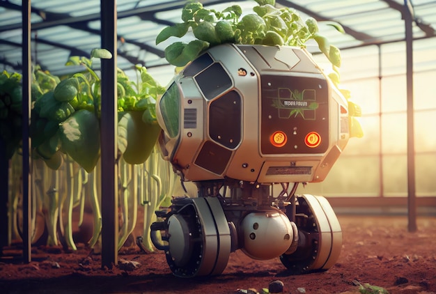 Agricultura robótica cosechando productos agrícolas en el centro de investigación Tecnología futurista innovadora y concepto de agricultura inteligente 5G IA generativa