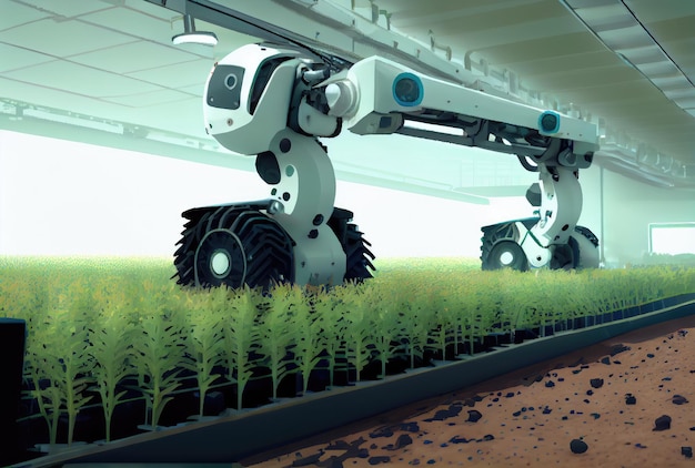 Agricultura robótica cosechando productos agrícolas en invernadero Tecnología futurista innovadora y concepto de agricultura inteligente 5G IA generativa