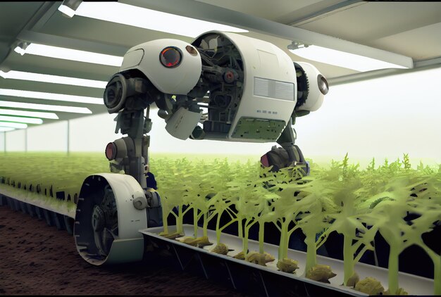 Agricultura robótica cosechando productos agrícolas en invernadero Tecnología futurística innovadora y concepto de agricultura inteligente 5G IA generativa