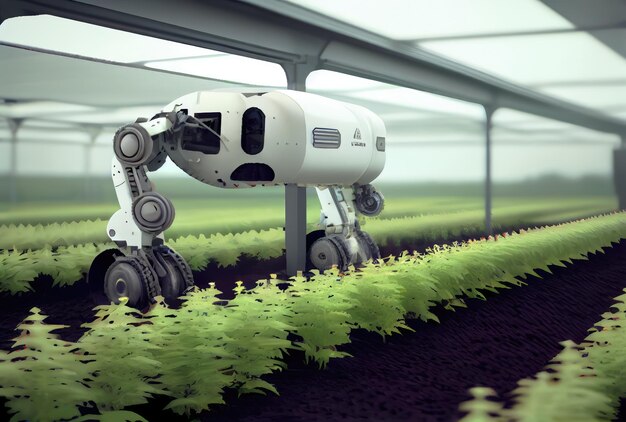 Agricultura robótica cosechando productos agrícolas en invernadero Tecnología futurística innovadora y concepto de agricultura inteligente 5G IA generativa