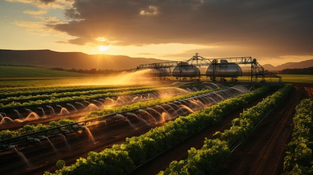 Agricultura con rociadores de agua en un campo al atardecer IA generativa