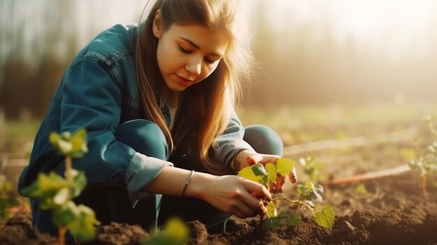 Agricultura rural una joven plantando verduras en un campo de agricultores imagen generativa de IA