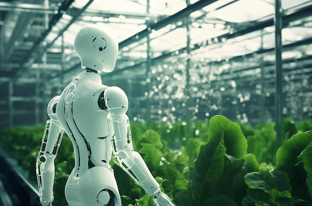 Foto la agricultura se transforma cuando un robot humanoide observa la vibración de los cultivos en un invernadero moderno