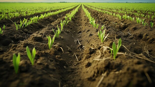 Foto agricultura de trigo verde joven y campos arados