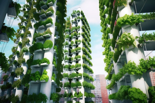Agricultura vertical urbana Torre de crecimiento hidropónica Granjas de torre vertical moderna con múltiples capas de cultivos y vegetación AI generativa