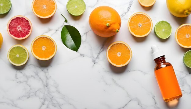 Agrificadores de vitamina C sobre un fondo blanco Frutas cítricas frescas con frasco de suero sobre un fondo de mármol