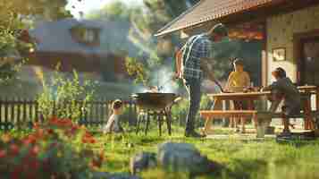 Foto agrillando en una parrilla de carbón mientras sus dos hijos miran a theis brillando brillantemente y hay árboles y flores en el fondo