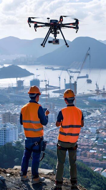 Agrimensores profissionais que utilizam tecnologia de drones de ponta para avaliação do desenvolvimento de terras