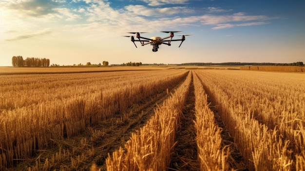 Un agrodrone moderno comprueba un campo con tecnologías innovadoras de trigo un quadcopter vuela sobre el campo generado ai